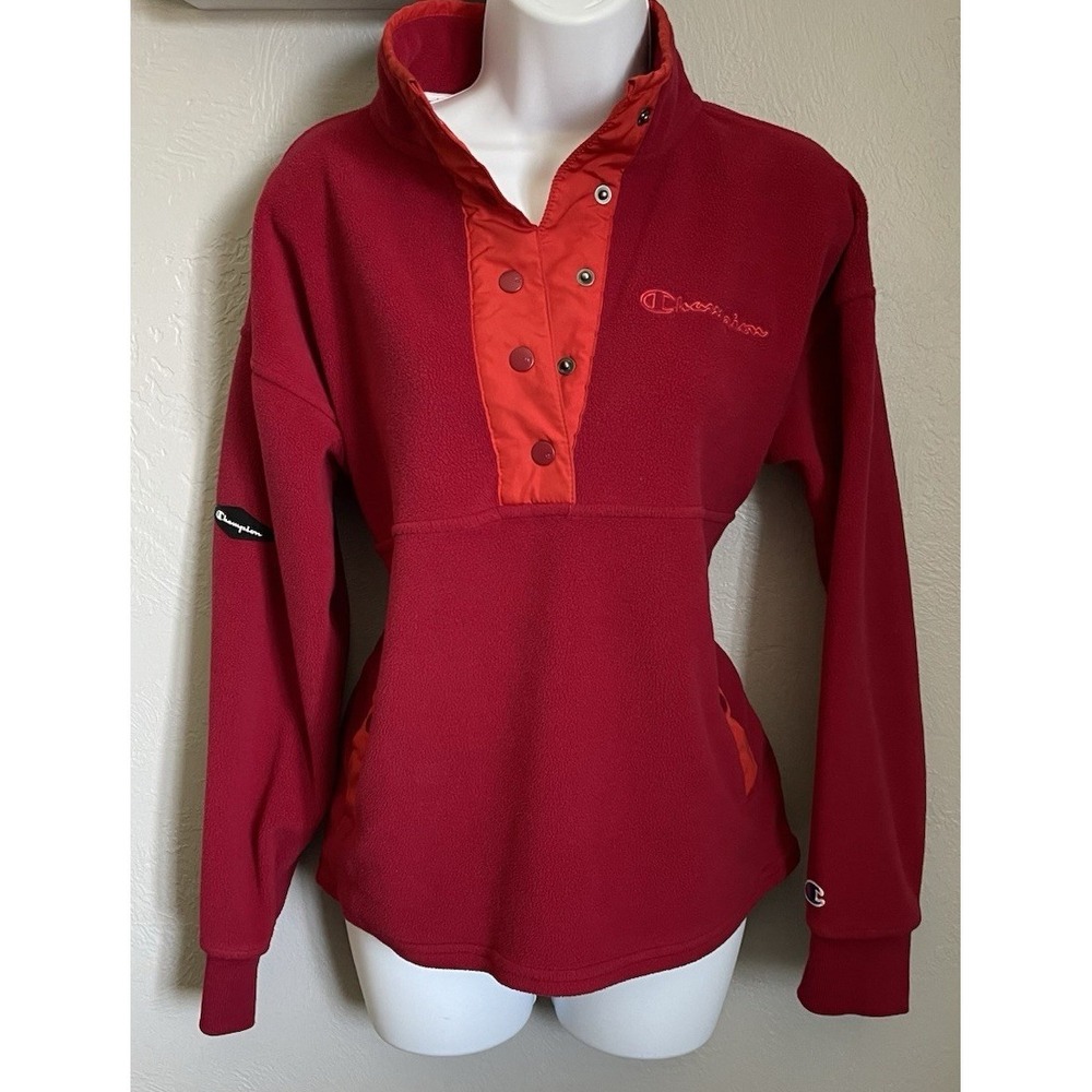Champion Womens Fleece‎ Sweater Small Red Snap Neck  Pullover Sweatshirt